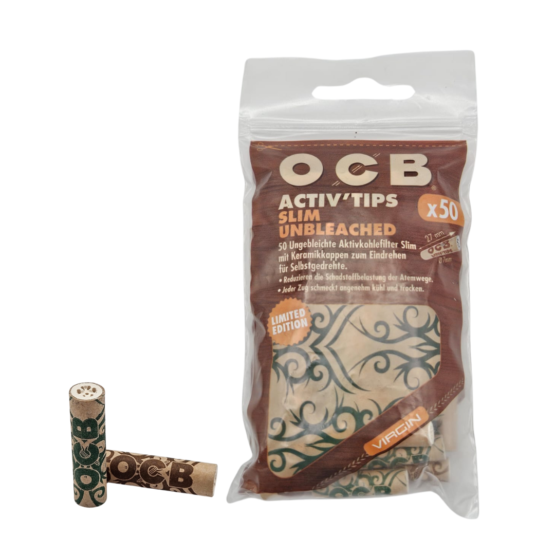 OCB "Limited Edition" Ungebleichte Activ Tips Slim Aktivkohlefilter – 50 Stück