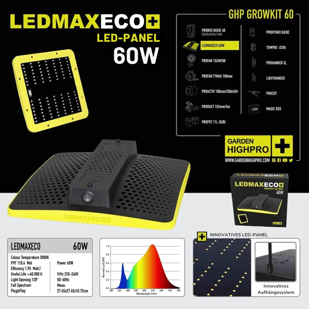 Growbox Komplettset 60x60x160cm mit 60 Watt LED