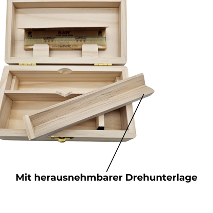 Wooden stash box for smoking supplies with integrated accessories