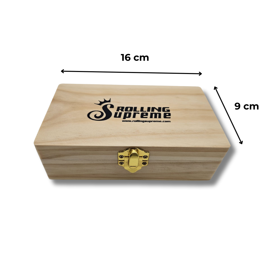 Wooden stash box for smoking supplies with integrated accessories