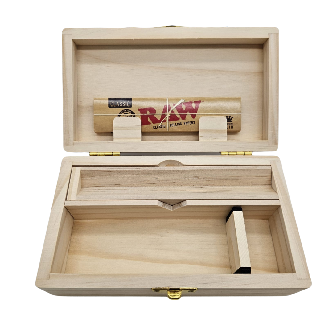 Wooden stash box for smoking supplies with integrated accessories