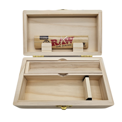 Wooden stash box for smoking supplies with integrated accessories